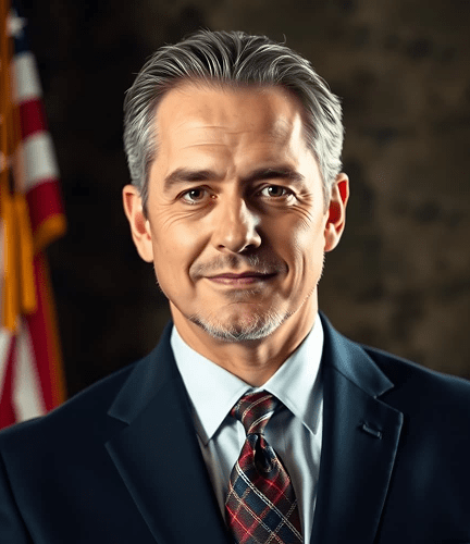 Portrait of Buddy Rake Jr veteran attorney, military background, professional suit, American flag, cinematic lighting