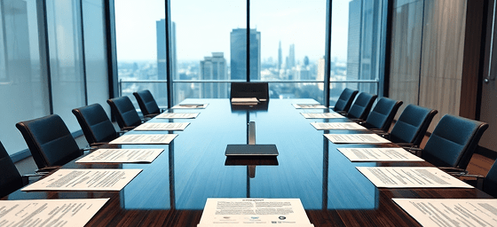 corporate boardroom with business contracts and documents on executive meeting table, professional business photography