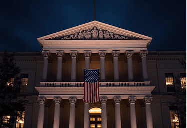 courthouse exterior with american flag, justice concept, dramatic lighting