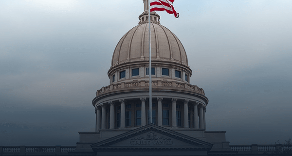 government building courthouse with American flag, dramatic architectural photography