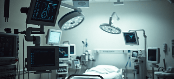 hospital ICU room with medical equipment and monitors, dramatic lighting, professional medical photography