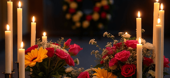 memorial candles and flowers in peaceful setting, respectful tribute photography, soft dramatic lighting