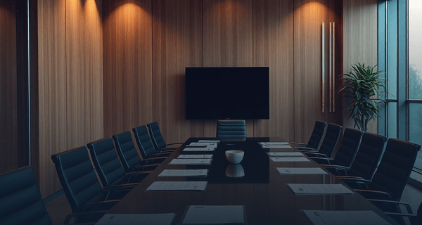 modern corporate boardroom with business documents, professional photography, dramatic lighting