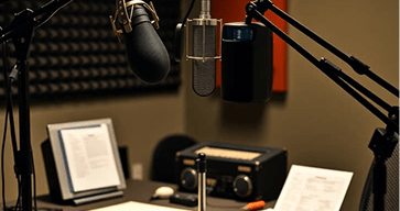 radio podcast studio with microphones and equipment