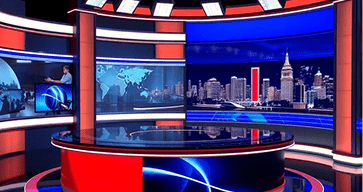 television news studio with anchor desk, professional broadcast setting